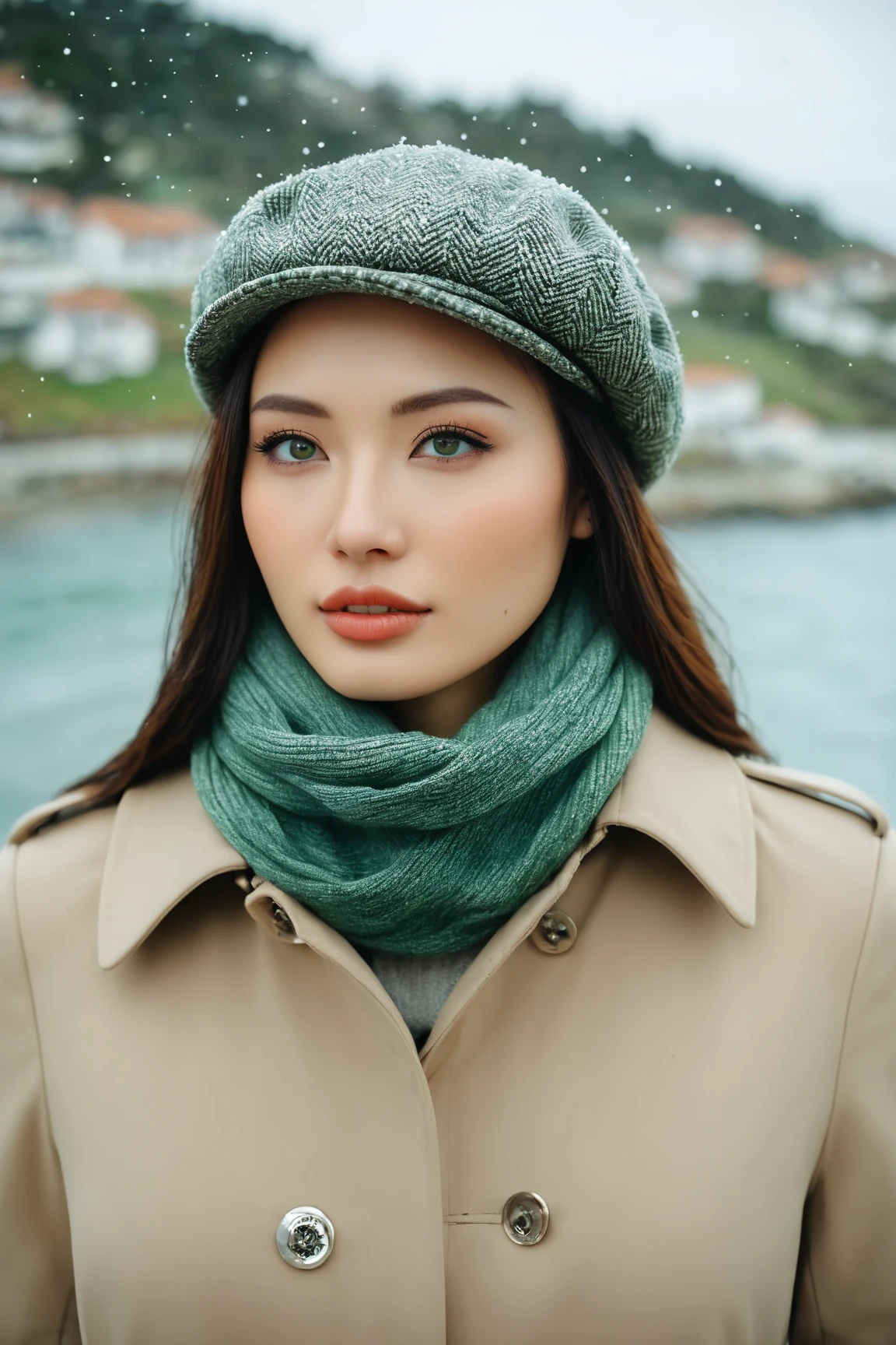 a realistic front-view portrait photography of a beautiful woman with green eyes standing in a town with ocean view, close-up shot, look up to the sky, detailed beautiful meek face, photo take by film camera, fashion lookbook, she has ginger hair, she wearing an trench coat and wool hat and scarf, dawn light, winter season, light snow falling, (bokeh), vintage green theme, diffused light, soft focus, depth of field, intricate detail, skin texture, asian_girl