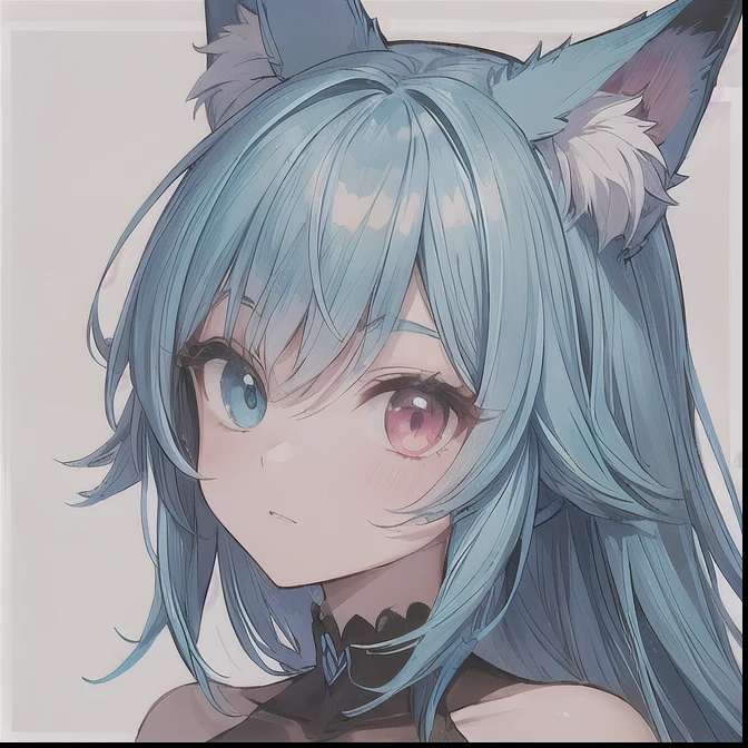 woman, blue hair, fox ears, heterochromia