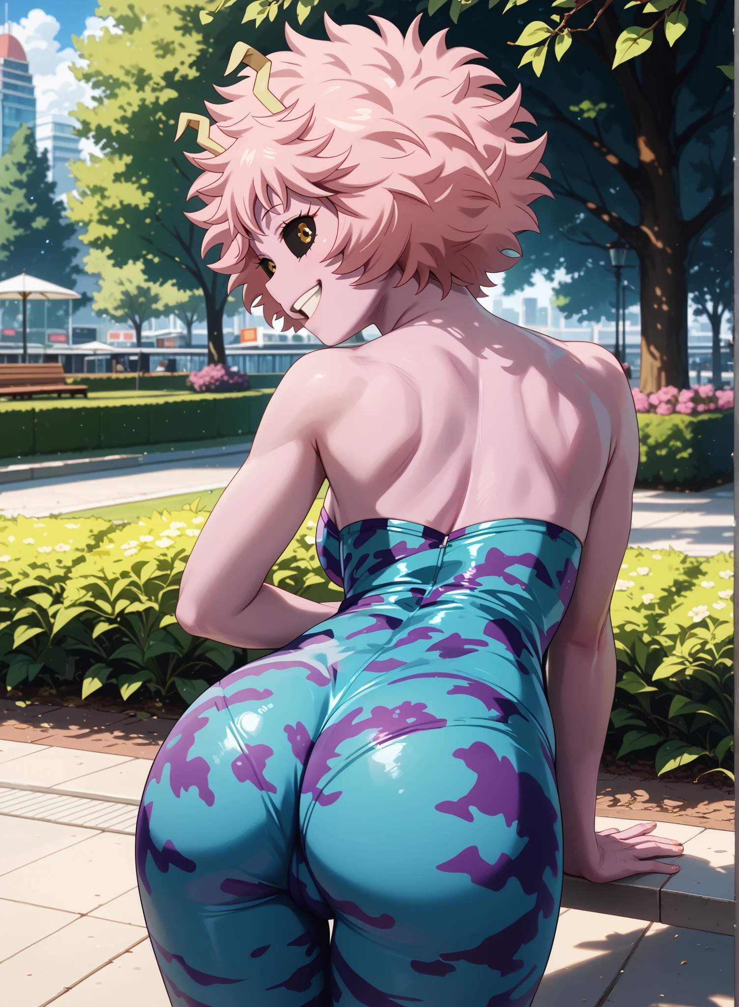 ((mina ashido)), ((masterpiece)), ((high resolution)), ((cartoon style)), ((solo portrait)), ((back view)), {(attractive figure), (toned body), (beautiful legs), (pink skin), (yellow horns), (pink hair), (yellow eyes), (black sclera), (long eyelashes), (excited smile)}, {(hero costume), (blue bodysuit)}, {(bending over), (looking back at viewer)}, ((park))