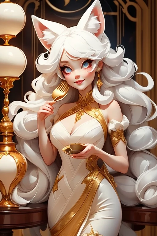 Perfect face. Perfect hands. A white haired woman with copper eyes and an hourglass figure with white fox ears and a white fox tail in a golden ballgown is smiling while eating dinner  in a Gothic ballroom