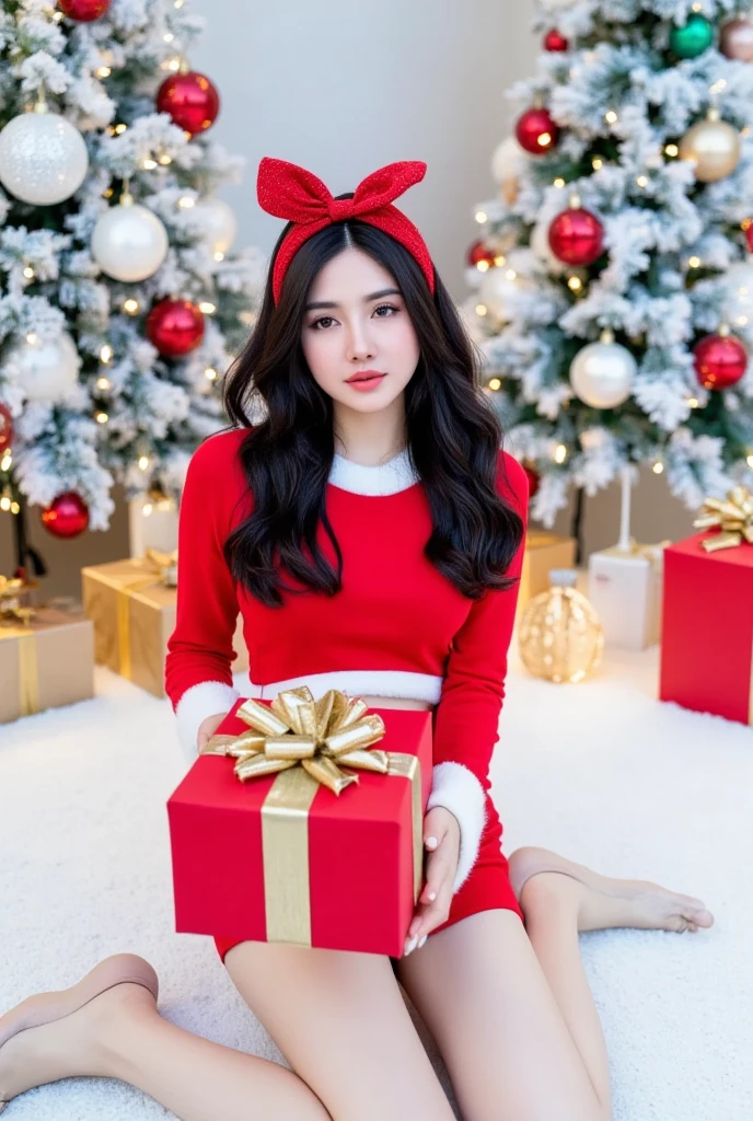 Young woman with long, black hair styled in soft waves, wearing a modern Santa-inspired outfit, sitting on a snowy ground while holding a large, wrapped gift box with both hands extended toward the camera.
She wears a festive red Santa crop top with long sleeves and fluffy white fur trim around the neckline, cuffs, and hemline, along with a short red skirt trimmed with matching fluffy white fur. Her hair is styled naturally without any small bows, and instead, a single large red gift ribbon bow with a shimmering, glittery finish sits on her head as a festive accessory. She holds a neatly wrapped red gift box with a golden ribbon and bow, presenting it toward the camera with both hands, as if offering it. Her head is tilted slightly with a soft, subtle smile (closed lips) while her eyes gaze warmly up at the camera.
A wide, top-down perspective reveals the snowy ground made of fluffy, cotton-like material, extending across the scene. The base of two tall, snow-covered Christmas trees decorated with twinkling fairy lights, red and gold baubles, and ribbons are visible in the background. Underneath the trees, several wrapped gift boxes in red, gold, and green with decorative bows are neatly arranged, adding to the festive atmosphere.
Soft, diffused lighting creates a cozy and warm atmosphere, illuminating the subject’s outfit, the fluffy snow, and the reflective surfaces of the Christmas ornaments and gift box.
Photorealistic, highly detailed Christmas holiday portrait.
Festive, warm, and inviting, evoking the joy of gift-giving during Christmas.
High-angle shot (top-down perspective), capturing the subject sitting on the snowy ground while extending the gift box toward the camera.
Ultra-high resolution with sharp details, ensuring clarity in textures, colors, and light refraction. 
The large red gift bow on her head sparkles subtly, complementing her outfit and gift box she hold. The fluffy fur trim on her Santa outfit looks soft and realistic, 