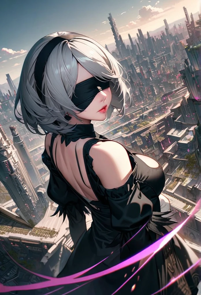 
Super detailed, High resolution, Absurd, High resolution, 2b, Nier Automata, Gray Hair, Blindfolded, Very beautiful, Only one adult female, Pink ruined future city, Black clothes, look back, I have a long medieval sword.,  Top view