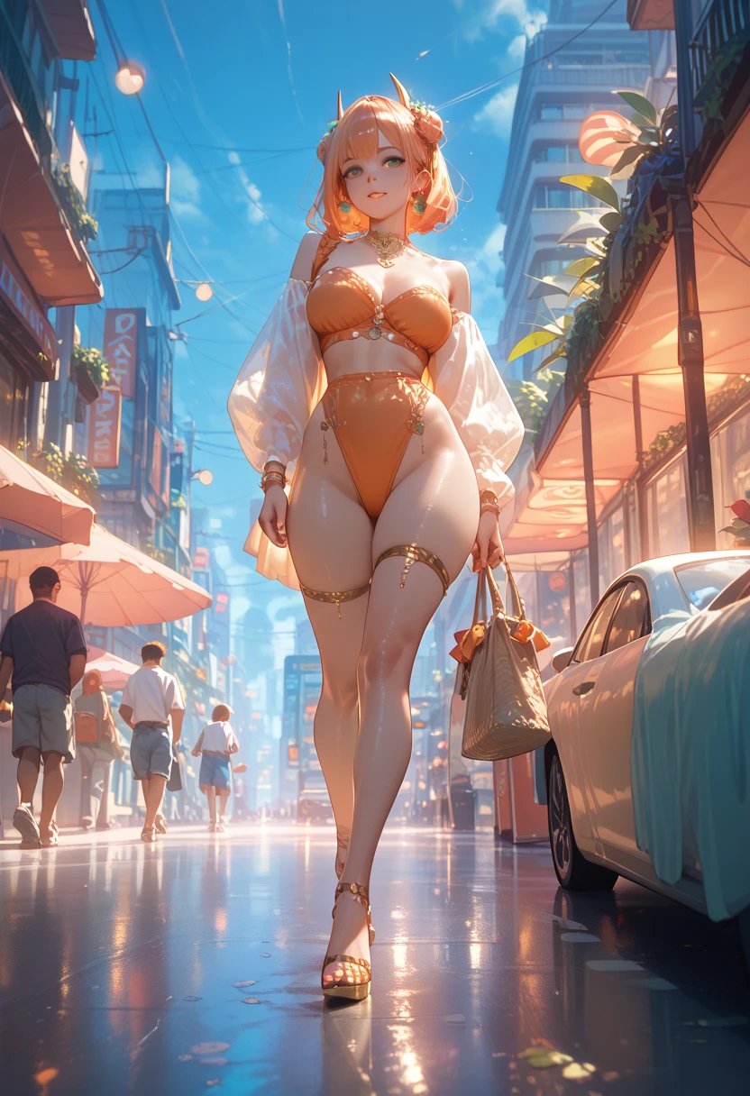 professional photo, full length body shot of a young woman wondering around large city, wearing skimpy uptight silk mesh pink-orange lingerie, intricate details, ultra detailed, insane details, 8k, octane render, unreal engine 5.2, global illumination, luminism, maximalism,