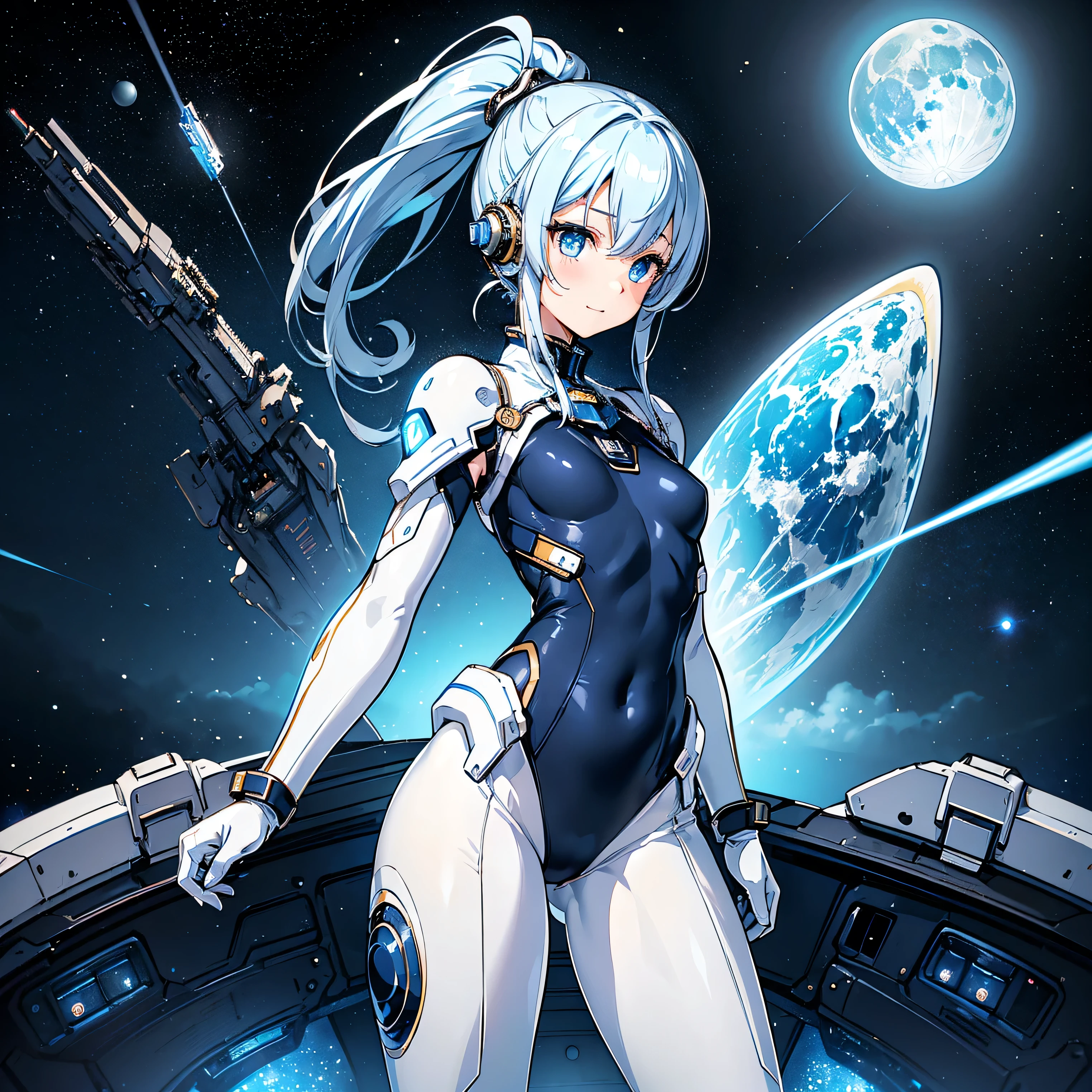 (masterpiece、 top quality 、 Highest Resolution 、 clear_image、 Detailed Details): (Whole body、A 20 year old girl、Japanese Faces、 small face、 slender、Navy blue high knot ponytail、、(Hidden small breasts:1.3)、Sparkling blue eyes 、 white, blue, and black shiny pilot suit、Chest protection armor、Tight fitting clothes、Clothing that covers the whole body、Glamorous clothes、 tight fit pants 、Hide your skin、 very delicate and beautiful 、Detailed Skin、Hide your thighs、Hide your ass、 cute、A gentle smile、Soft expression、heroine、 headset、 long boots、Elbow-length gloves、 eye level shot、Peace talks between warring factions,attention arousal, Clever Blue Eyes,Face directly、 woman on a spaceship )、 background、Moon in the background、shiny pilot suit in white, blue and black colors with galaxy clouds on the background 、Meteor Shower、Meteor Shower、Saturn、Neptune、comet