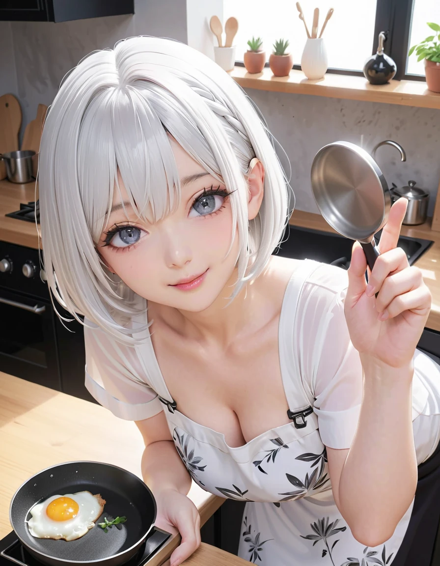 alice, anime art style, 1girl, solo, breasts, looking_at_viewer, smile, short_hair, open_mouth, large_breasts, red_eyes, hair_between_eyes, upper_body, white_hair, :d, blurry, chef