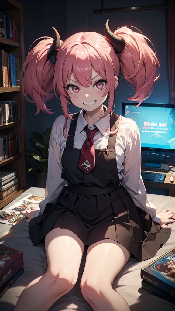 8k, masterpiece, ultra-detailed, photorealistic, 256k, 64k, (anime:1.4), pixivfanbox, vivid outline, outline, break, shade, dark light, bedroom, game monitor, playstation, game controller, gaming pc, manga books, doujin books, goods, 1girl, devil, angly, pink hair, twintail, (horror eyes:1.4), beautiful detailed eyes, wide eyes, (grin:1.4), laugh, fung, magic girl cosplay, fullbody shot