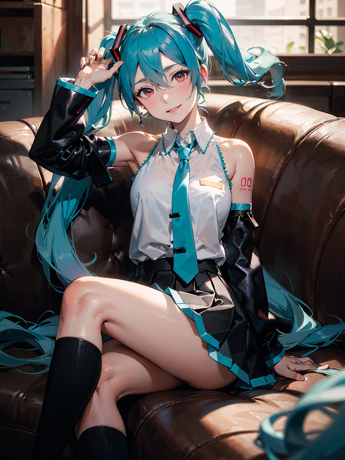 masterpiece, ( Hatsune Miku ),  white shirt,  blue tie, Bare shoulders,  twin tails、 separation sleeve,  Immersed in an evil smiley face, Dark Skin,  red eyes,  dark eyes, Orange pupil,Thighs, black high socks wearing brown leather shoes 