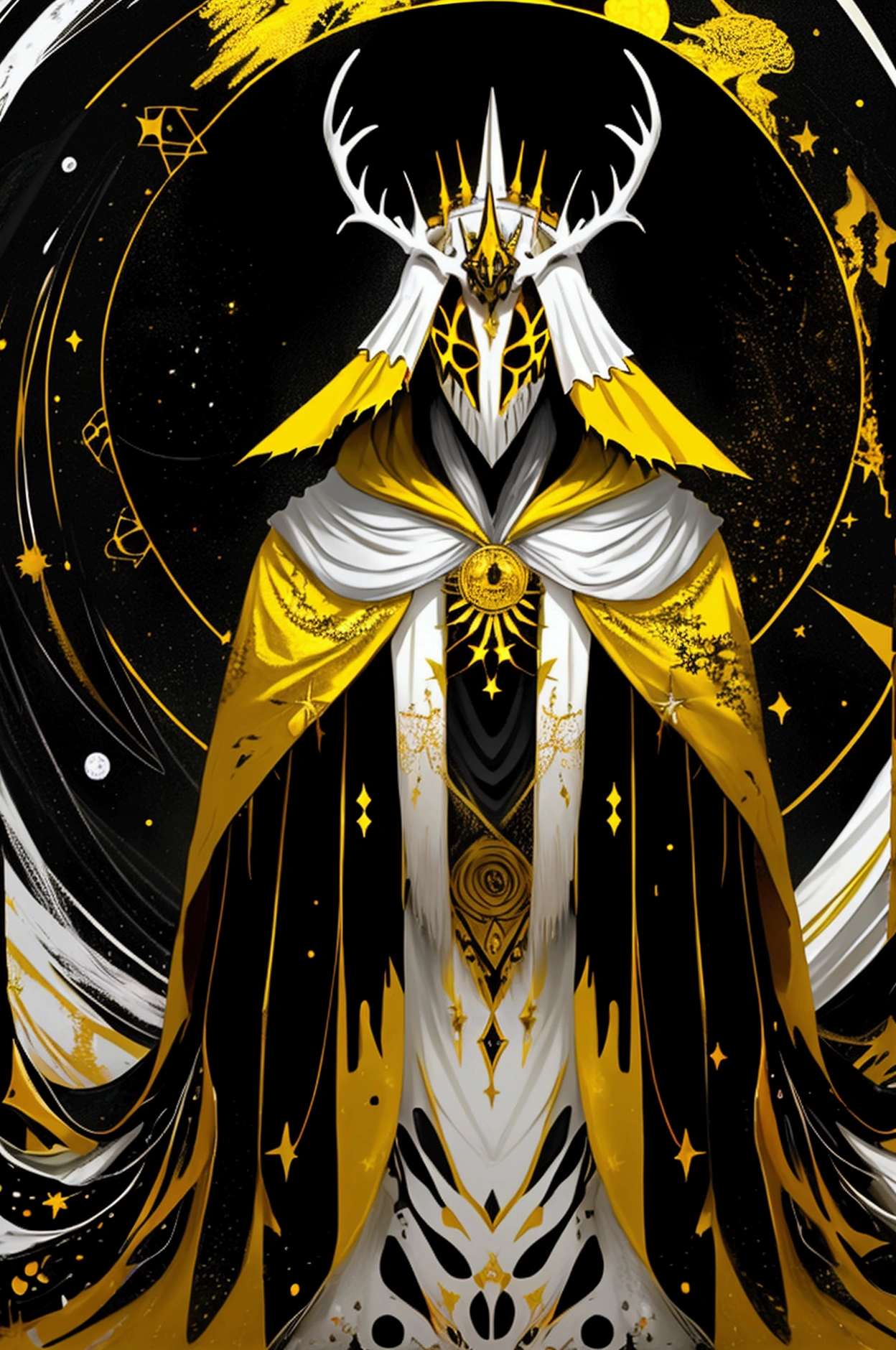 a surreal paint splatter painting of the kinginyellow wearing a cloak and a mask, antlers, crown, cosmic background, gold and white and black color scheme, (abstract:1.2) 