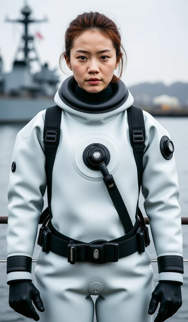 A documentary photo, Photo-realistic, ultra-realistic, (Japanese beautiful young woman, famous Japanese idol, boyish cool face:1.3), wetlook rubberish white clothes,, she is a military diver of Japan navy, experienced military diver, wearing a professional wetsuits for military diver with professional scuba equipment, She is on a shlre, She is preparing to scuba dive for a lifesaving mission, there is a large battle ship behind her,, Natural Makeup, boyish face ,Front View:1.21, Perfect Anatomy:1.21, Small head:1.21, Slender body:1.37, Narrow waist:1.5, Thin limbs:1.5, Flat Chest:1.5, Anatomically correct limbs, Diving Suits drysuits (high smooth turtleneck collar), Fully equipped for diving, Very cute Japanese woman, Brown Hair, Chignon Hair, woman holds oval scuba mask, Calm sea in qinter, Dynamic and emotional movie lighting, 