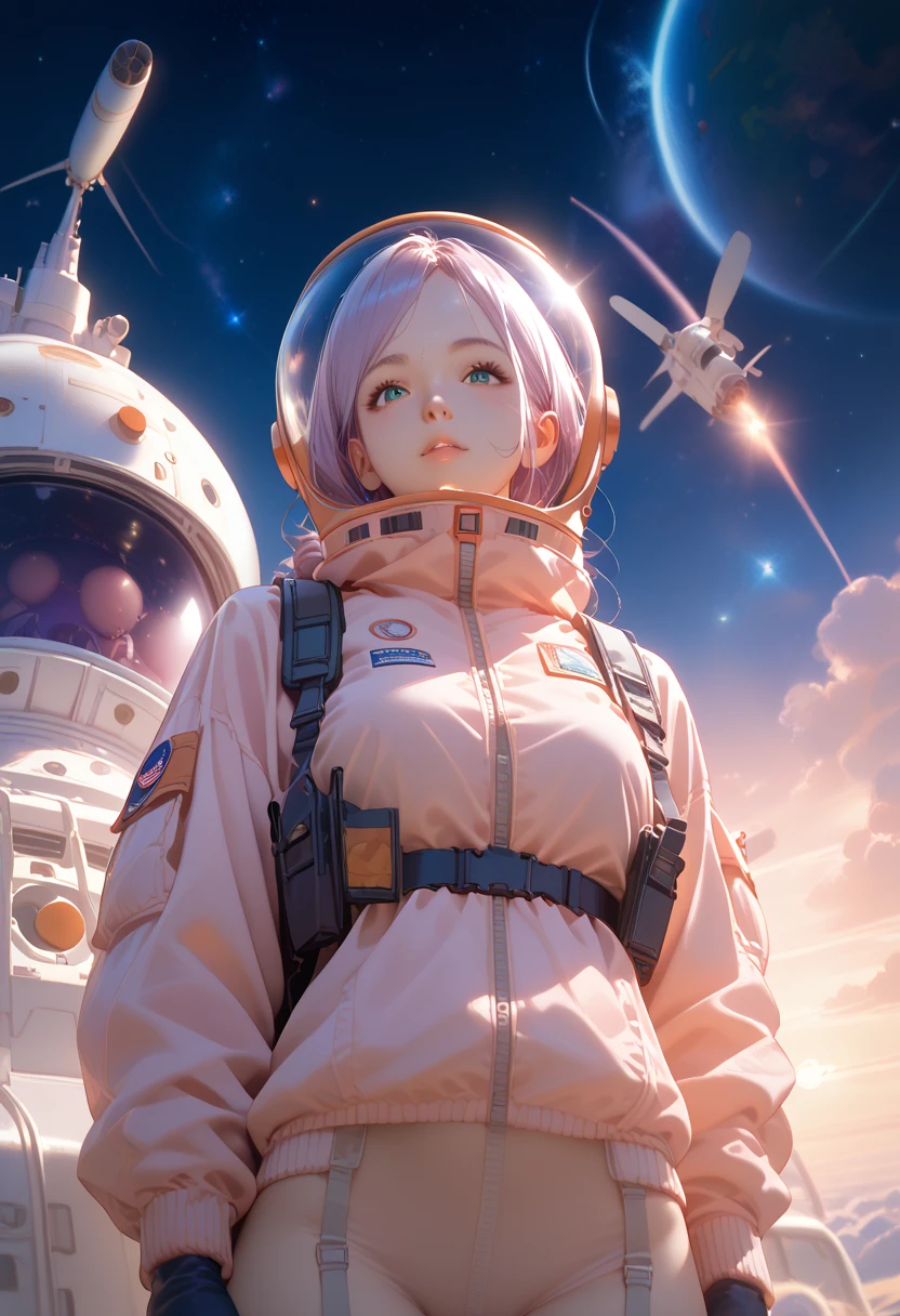 Cinematic light, 超高分辨率, tchibi, 1girll, Solo, Astronaut, Spacesuit, helmet, Space helmet, full bodyesbian, mitts, standing, Pink hair, Masterpiece, Best quality, 8K