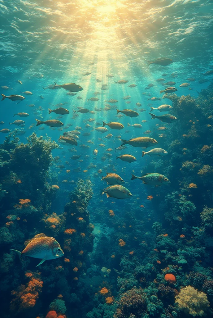  An aerial view of an ocean rich in aquatic life, glimpse , magnificent, Divine, vivid colors,  fish species ,calm sea, sunny, stunning 