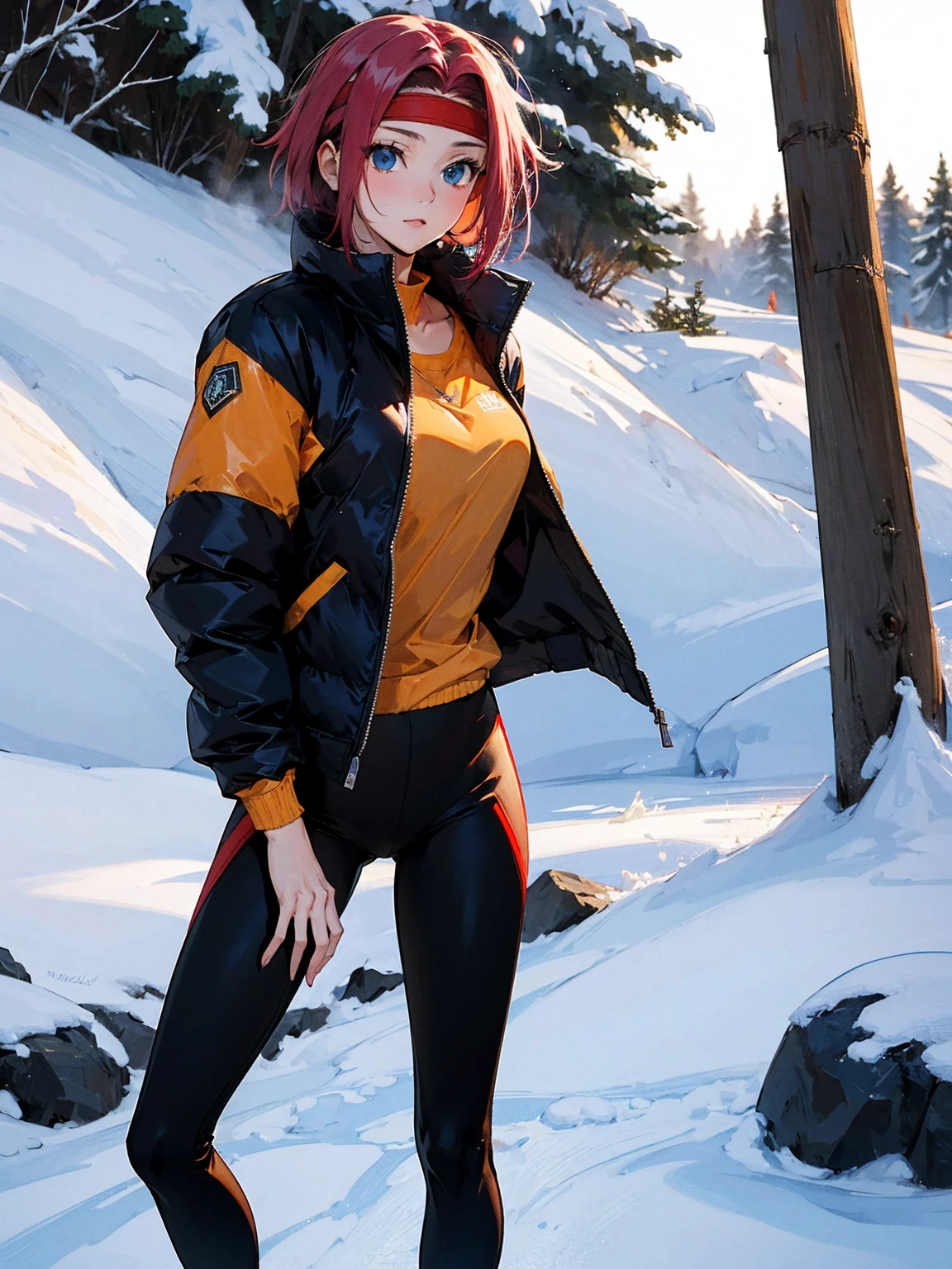  Karen Kouzki、masterpiece, top quality 、 super high image quality、Exquisite depiction、Detailed texture expression、 best quality, masterpiece,  high res, 、 standing, Blue Eyes, black winter jacket 、, black winter mountaineering jacket、 shorts、leggings、Outdoor
