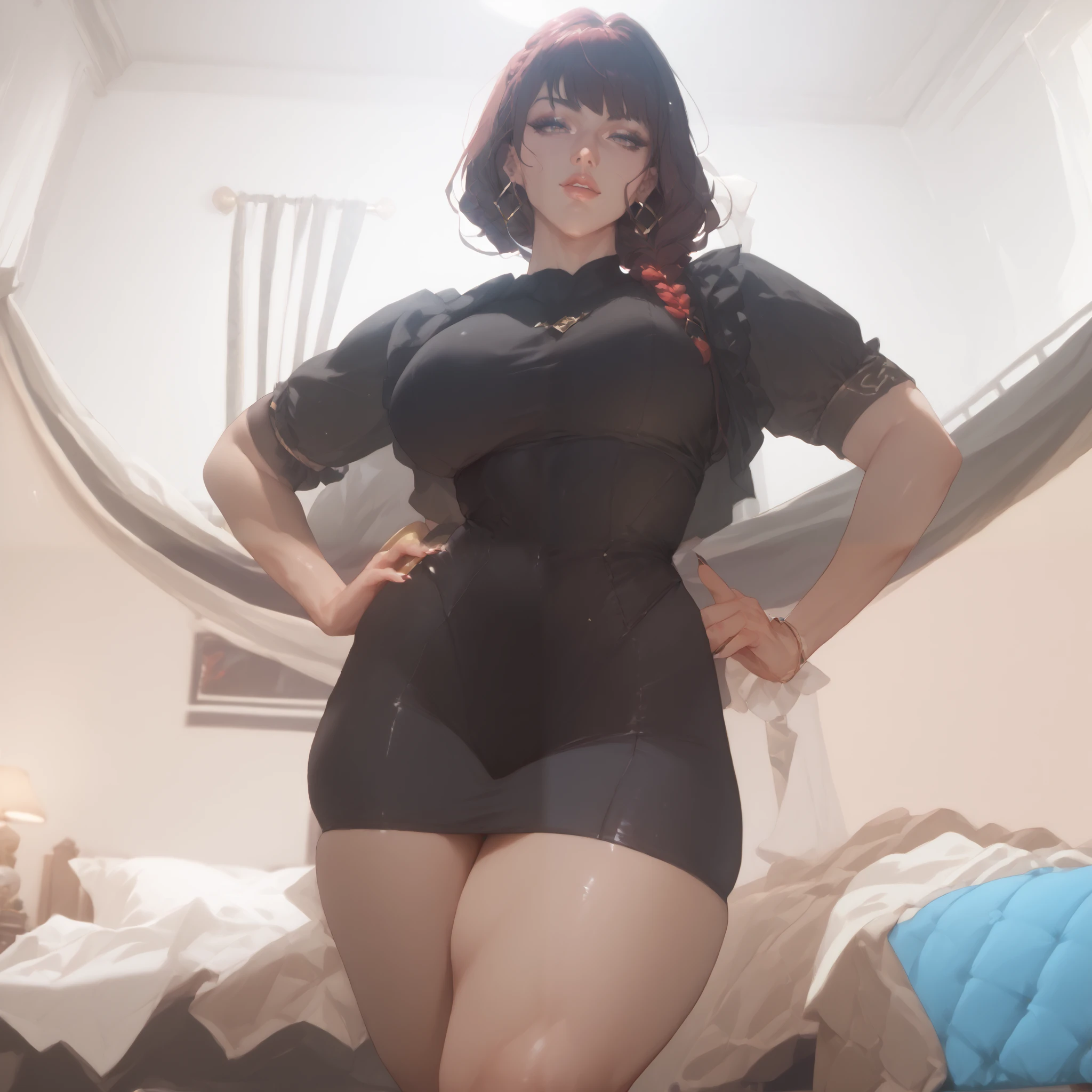 1girl in, Parted lips, blush, makeup, lightsmile, Full body, Wide Angle, frombelow, crass room, llight rays, Glow, thighs thighs thighs thighs, 鎖骨, Narrow waist, (masutepiece), (Wearing a bunny costume:1.3)、Black costume
