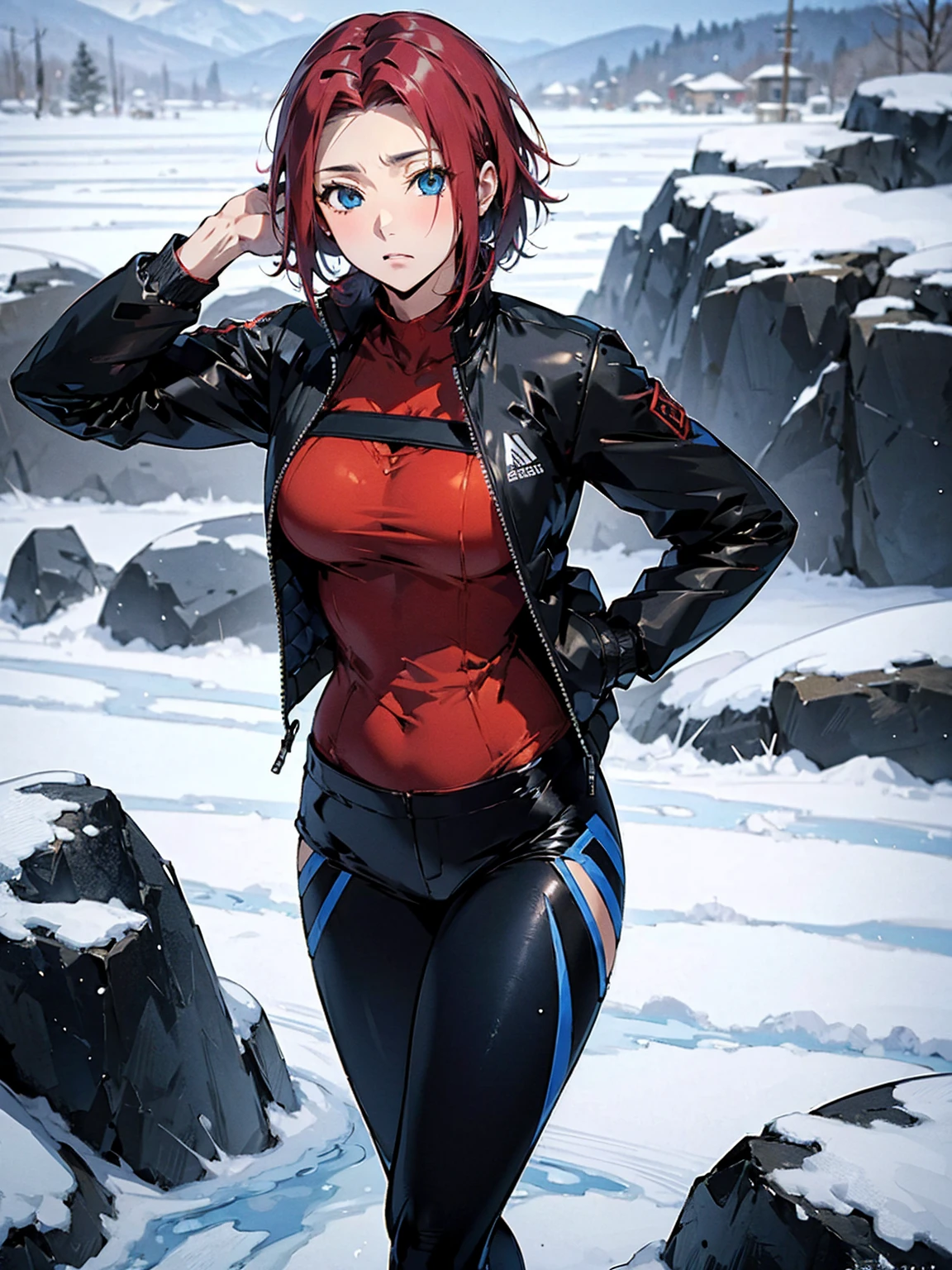  Karen Kouzki、masterpiece, top quality 、 super high image quality、Exquisite depiction、Detailed texture expression、 best quality, masterpiece,  high res, 、 standing, Blue Eyes, black winter jacket 、, black winter mountaineering jacket、 shorts、leggings、Outdoor
