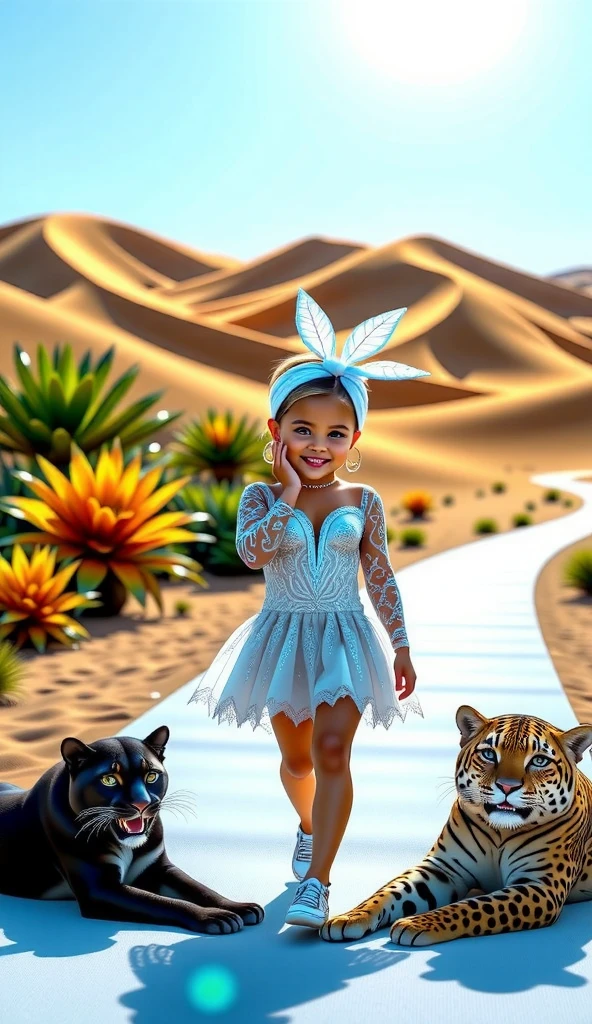 A two-year-old model ,  A cheerful funny slightly plump girl ,  dressed in an intricate costume of snowflakes ,  uncertainly walks along the catwalk .  A podium set against the backdrop of majestic sand dunes and lush bright exotic plants.  Bright sunlight casts warm glare ,  emphasizing her intricate details outfits and enthusiastic glances of adults ,  girl who cheerfully applauds .  and animals - the black panther and leopard .  They lie majestically near the catwalk  . bright sun, clear lines,  realistic picture