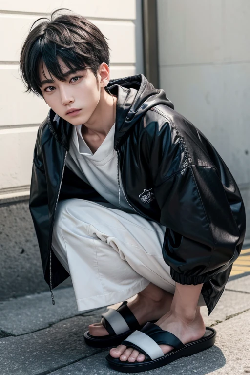 A anime boy with white skin and black hair with black shirt and black jacket and black jacket and black shorts and black shoes with white socks