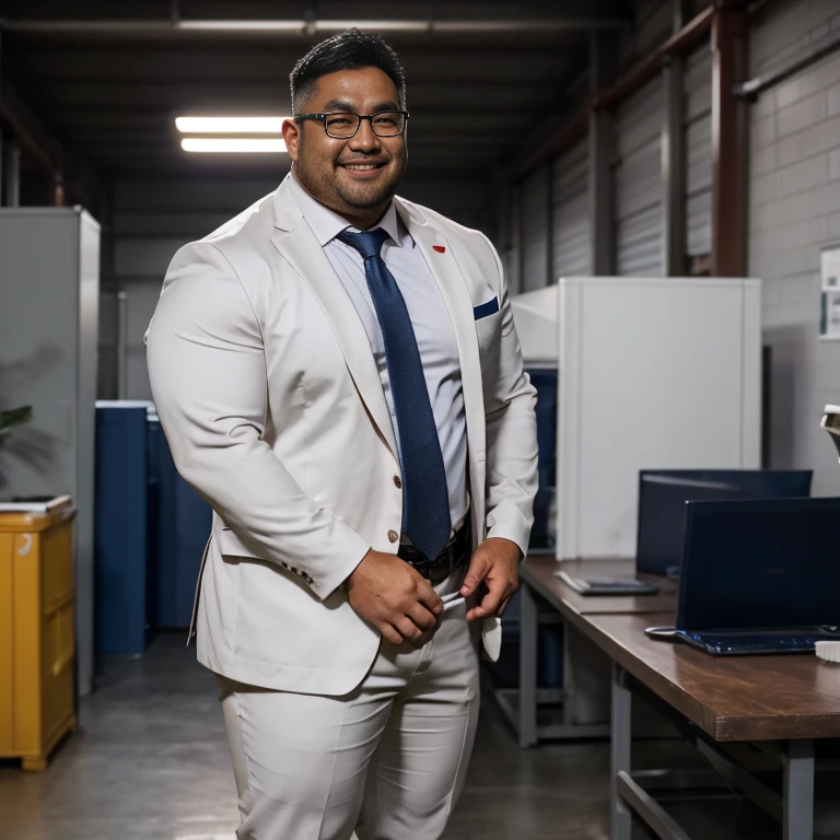  A slightly chubby Asian man is 40 years old  , dad,    A man wearing a white suit shirt is standing  , 10,000, Alone, Rugby uniform  ,  Moderately virtuous hair  ,   natural nerdy hair  ,  round face:2,   thick thighs , Details ,  At the office ,   coffee break  ,  details  ,   Anatomically Accurate,   This image was taken with a medium telephoto lens,   dark warehouse at night  ,  Smile gently , He opens his mouth slightly  ,   orgasm face  , sexual humiliation , glasses, delicate hands, 