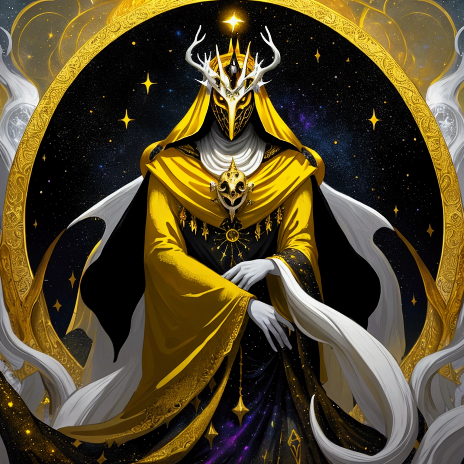 Create a surreal paint splatter painting of"The King in Yellow," depicted wearing an elaborate cloak and a mask, adorned with antlers and a crown. The background is cosmic, filled with swirling galaxies and stars. The color scheme primarily features gold, white, and black, enhancing the mystical aura of the figure. The overall composition should reflect an abstract style, evoking a sense of otherworldly elegance and intrigue.hastur worship artwork