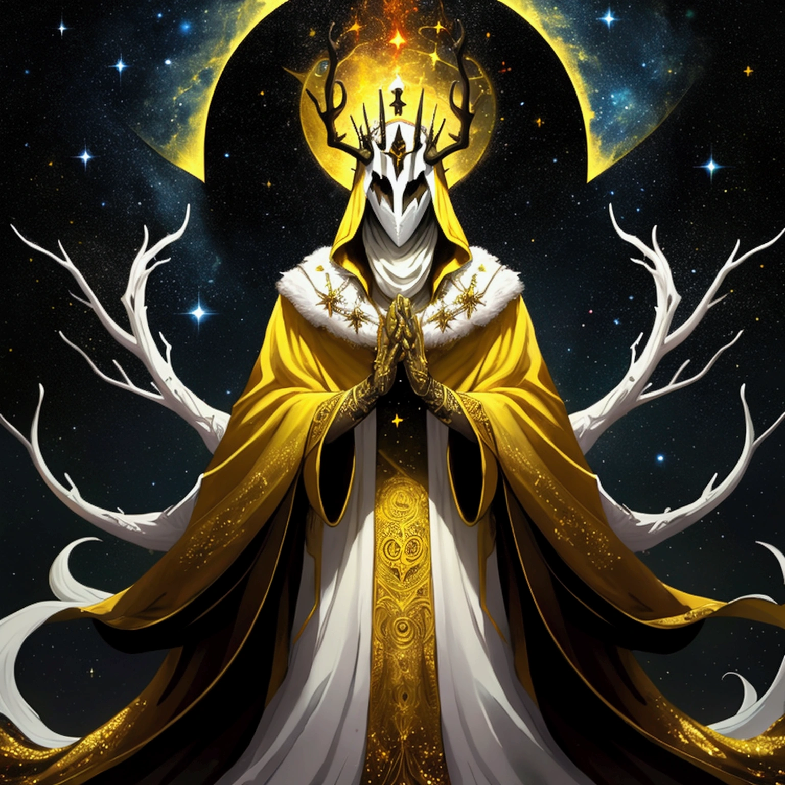 Create a surreal paint splatter painting of"The King in Yellow," depicted wearing an elaborate cloak and a mask, adorned with antlers and a crown. The background is cosmic, filled with swirling galaxies and stars. The color scheme primarily features gold, white, and black, enhancing the mystical aura of the figure. The overall composition should reflect an abstract style, evoking a sense of otherworldly elegance and intrigue.hastur worship artwork