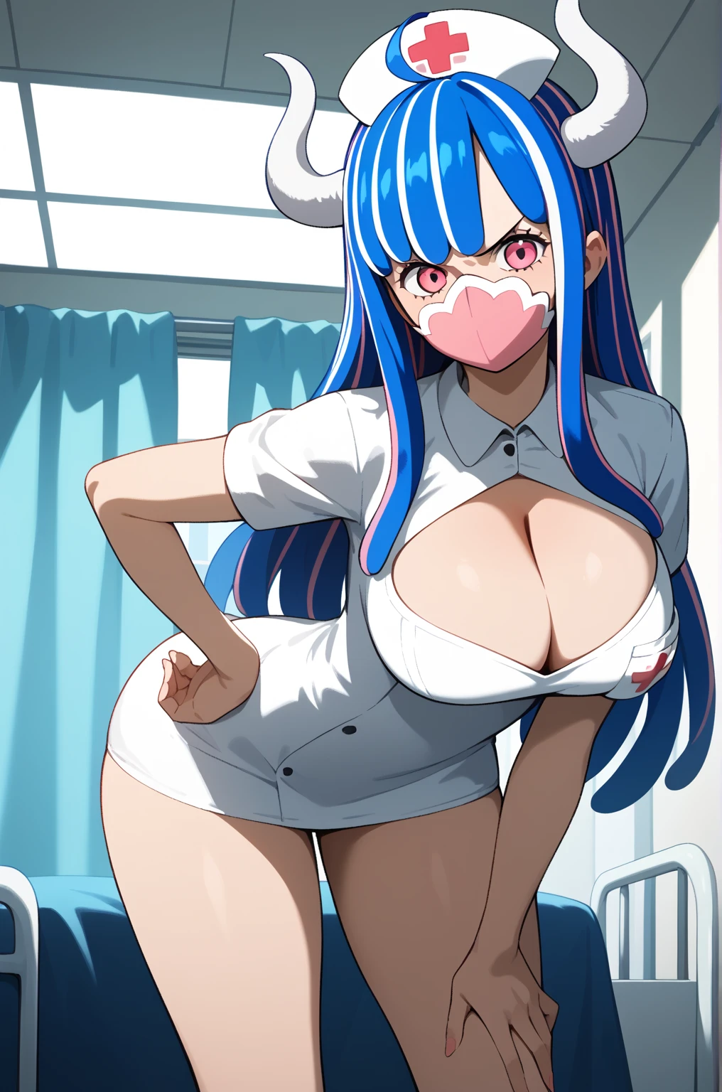 masterpiece,best quality,{{detailed beautiful face and eyes}}, 
Ulti,{{{megami magazine}}},long hair,multicolored hair,blue hair,ahoge,hair between eyes,white horns,pink eyes,mouth mask,pink mask,large breasts, 
((nurse,cleavage cutout,nurse cap,breast pocket,collared dress,short dress,short sleeves,thighs,white dress,white headwear)),
1girl,(is angry:1.0),
((leaning forward,hand on hip:1.2)),
(hospital room:1.0),clothed