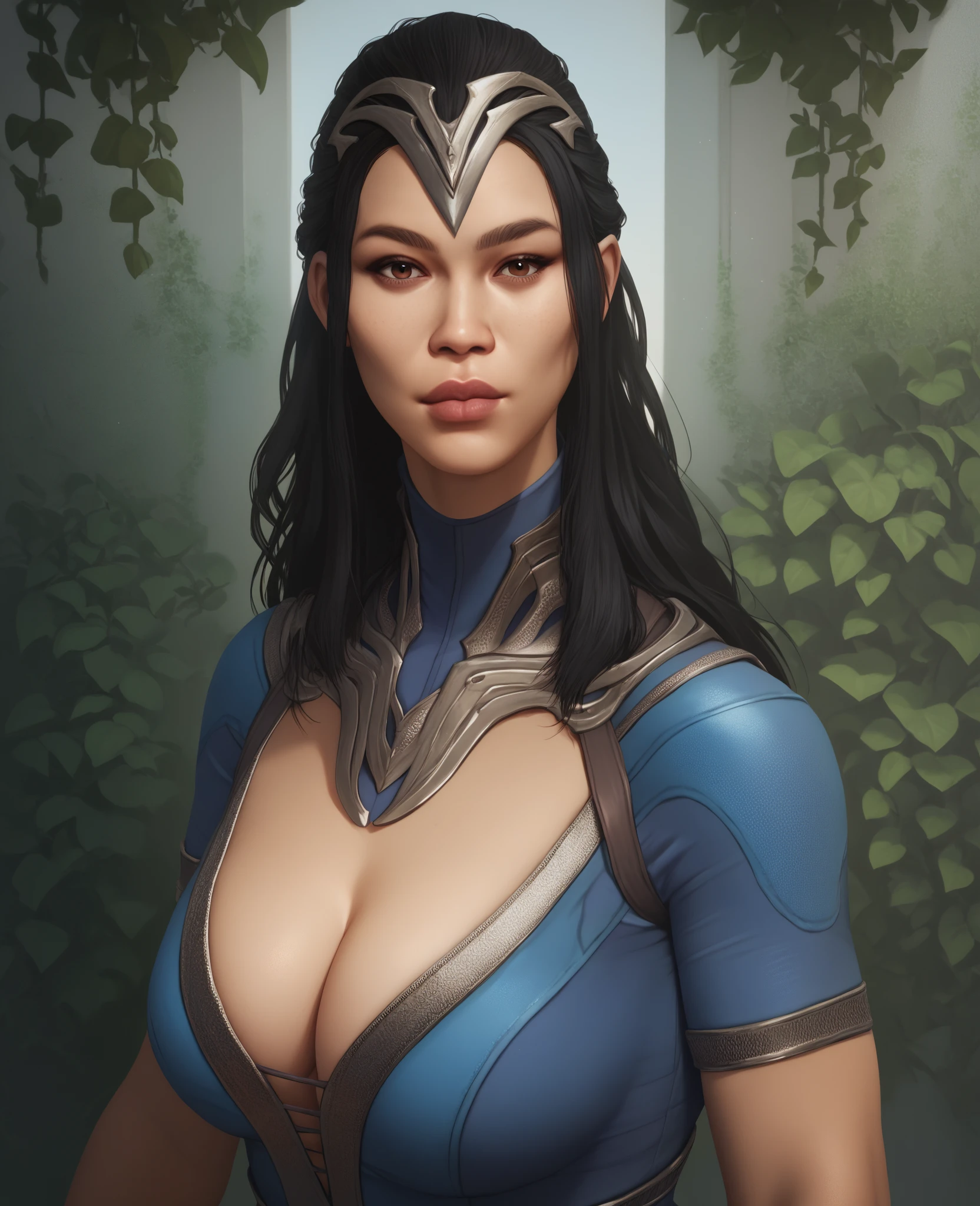 score_9,score_8_up,score_7_up,score_6_up,score_5_up,score_4_up,
kitnaxl,black hair,brown eyes,lips,blue  bodysuit,cleavage,looking at viewer,garden.,looking at viewer,headpiece,
upper body,