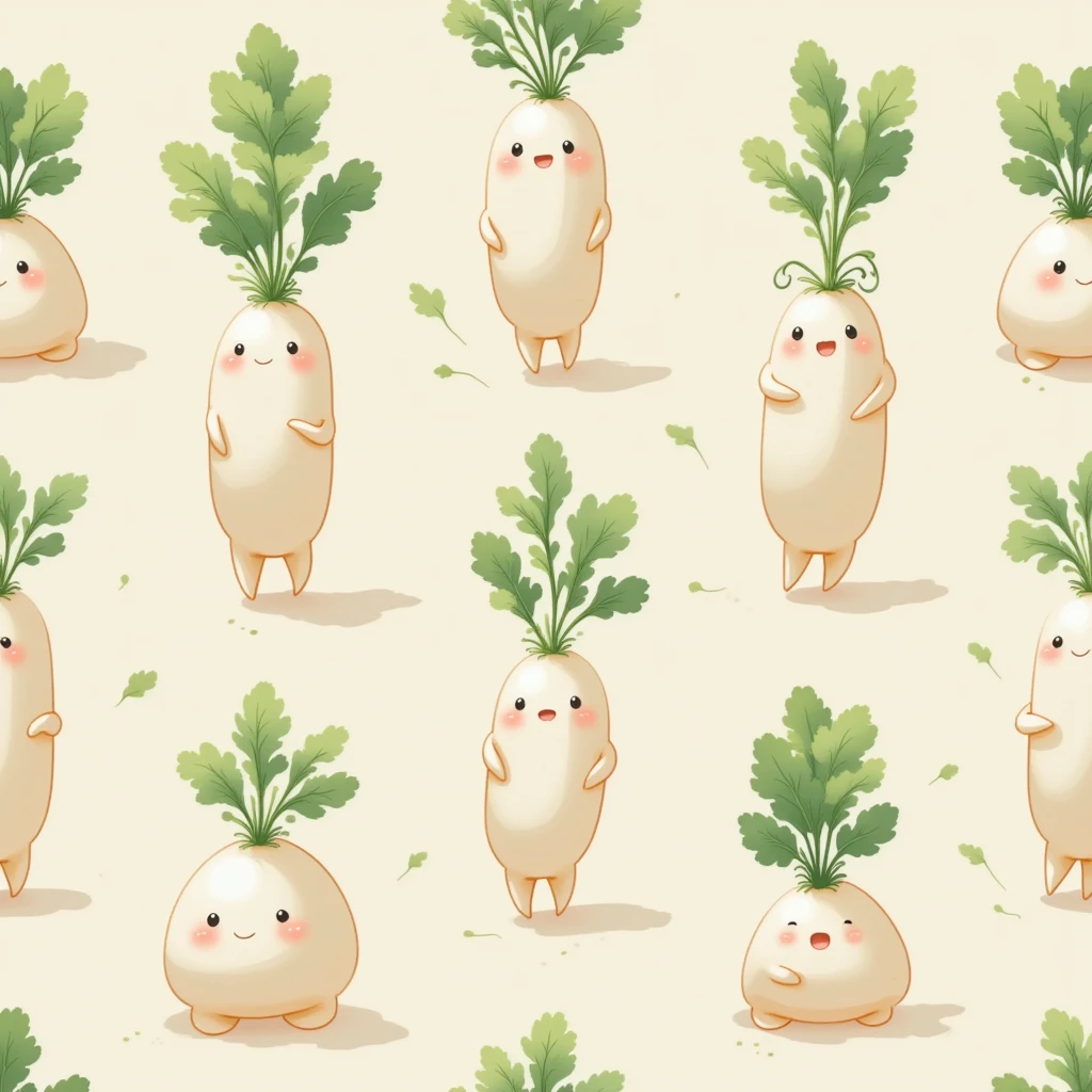 An intricate traditional Japanese pattern featuring a cute chubby daikon character with leafy greens, arranged as an ornamental design. The pattern is seamless, featuring the  daikon in various poses, with light pastel colors and a soft, playful atmosphere. Suitable for wallpapers or fabric designs