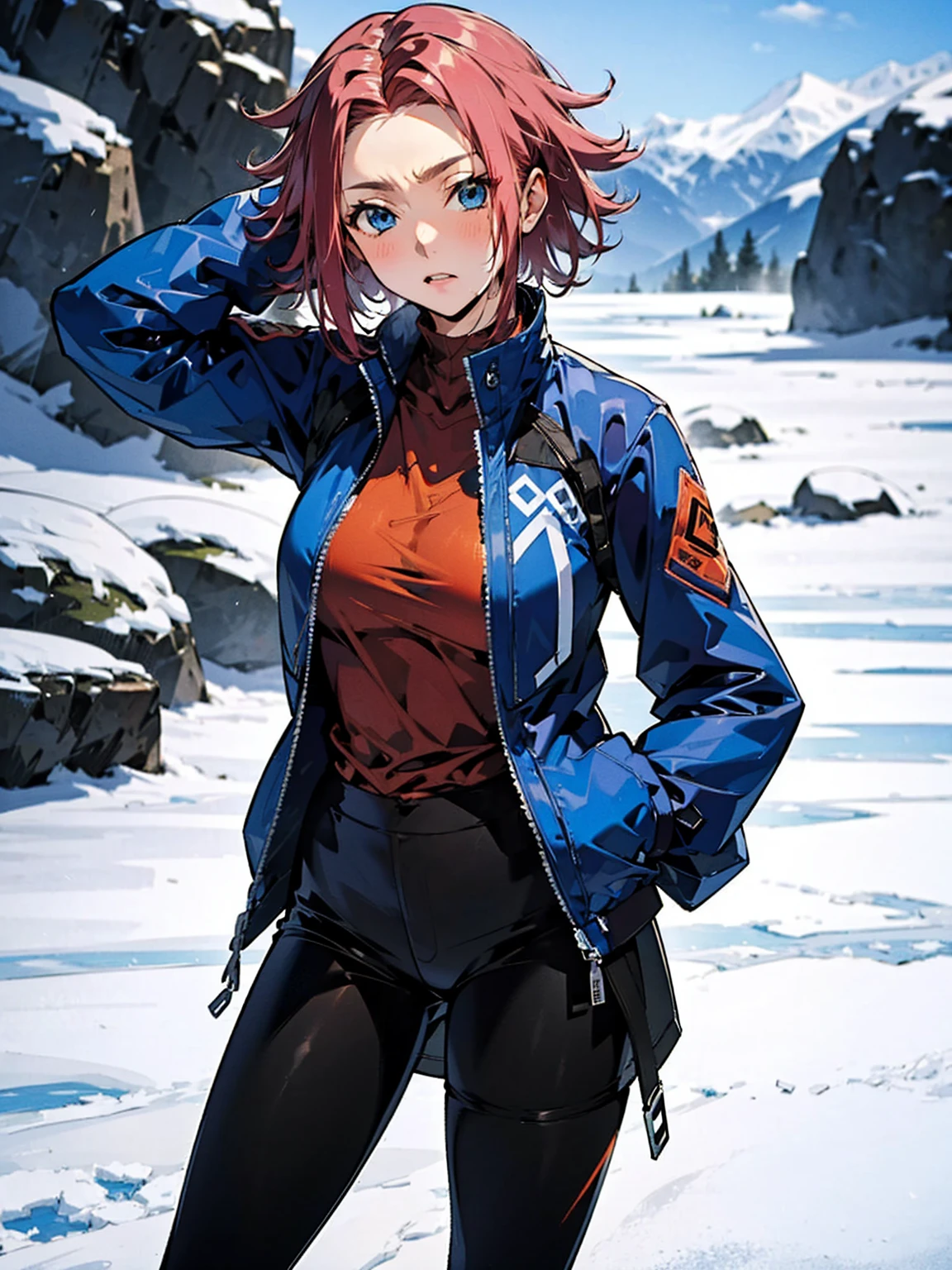  Karen Kouzki、masterpiece, top quality 、 super high image quality、Exquisite depiction、Detailed texture expression、 best quality, masterpiece,  high res, 、 standing, Blue Eyes, black winter jacket 、, black winter mountaineering jacket、 shorts、leggings、Outdoor
