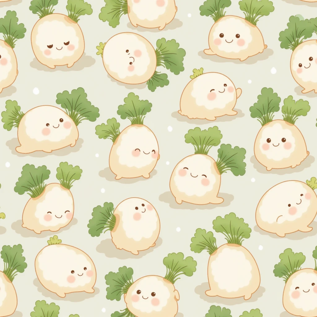 An intricate traditional Japanese pattern featuring a cute chubby daikon character with leafy greens, arranged as an ornamental design. The pattern is seamless, featuring the  daikon in various poses, with light pastel colors and a soft, playful atmosphere. Suitable for wallpapers or fabric designs