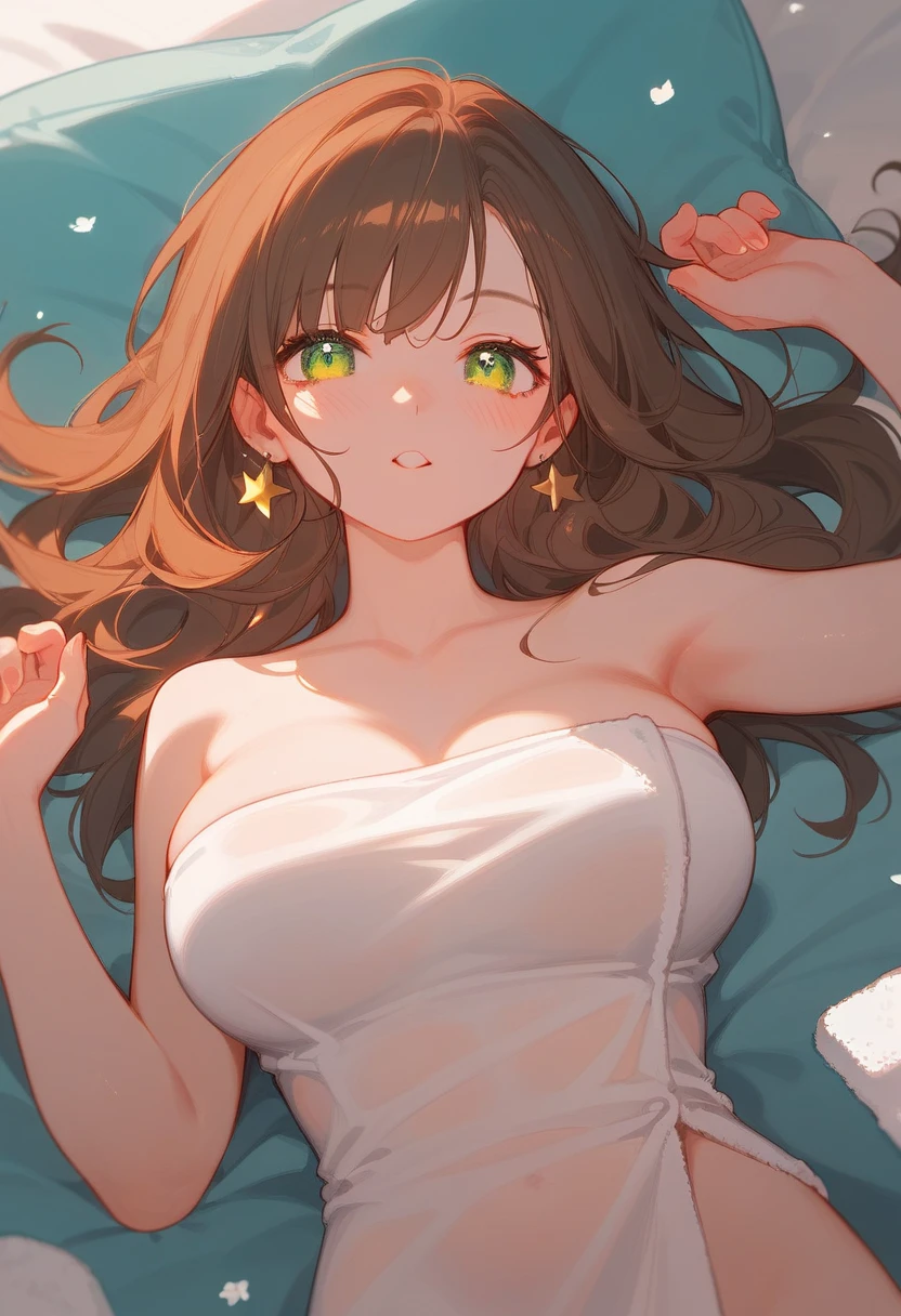 (masterpiece), best quality, highres, ultra-detailed, pastel colors, Girl with Long brown hair, bangs, tender and green eyes, large breasts, adorable blush, adorable face, dominant girl, evil woman, sensual woman, towel, a sexy adult anime woman laying down in a towel on a bed. 