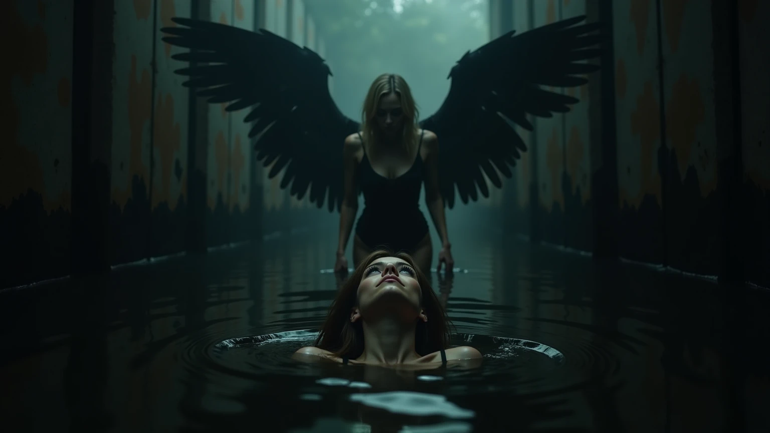 First-person view, as if seen through her eyes of young woman sinking into a black, tar-like substance. She looks upward, her vision blurred and distorted by the rippling surface of the tar. Above her, a shadowy man figure with large, angelic wings looms, its silhouette both menacing and divine. A soft, otherworldly glow surrounds the figure, cutting through the suffocating darkness. The contrast between the glowing figure and the oppressive blackness creates a surreal, almost dreamlike atmosphere filled with a mix of dread and awe