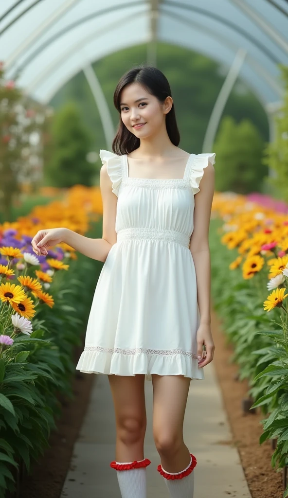 (((Ultra-realistic))) (((photorealism:1.2))), a Thai woman, beautiful, cute, with dimples, wearing a very short white cotton dress above the knee, the skirt is adorned with a ruffled lace trim at the bottom for a charming look, wearing white socks almost to the knee, with red ruffles around it. She's standing naturally in the greenhouse, surrounded by various colorful flower, making her very excited. Her big black round eyes are wide open with excitement, Sweet cinematic, high-detail image, professional quality, the lighting is semi-fantasy, pastel tones.