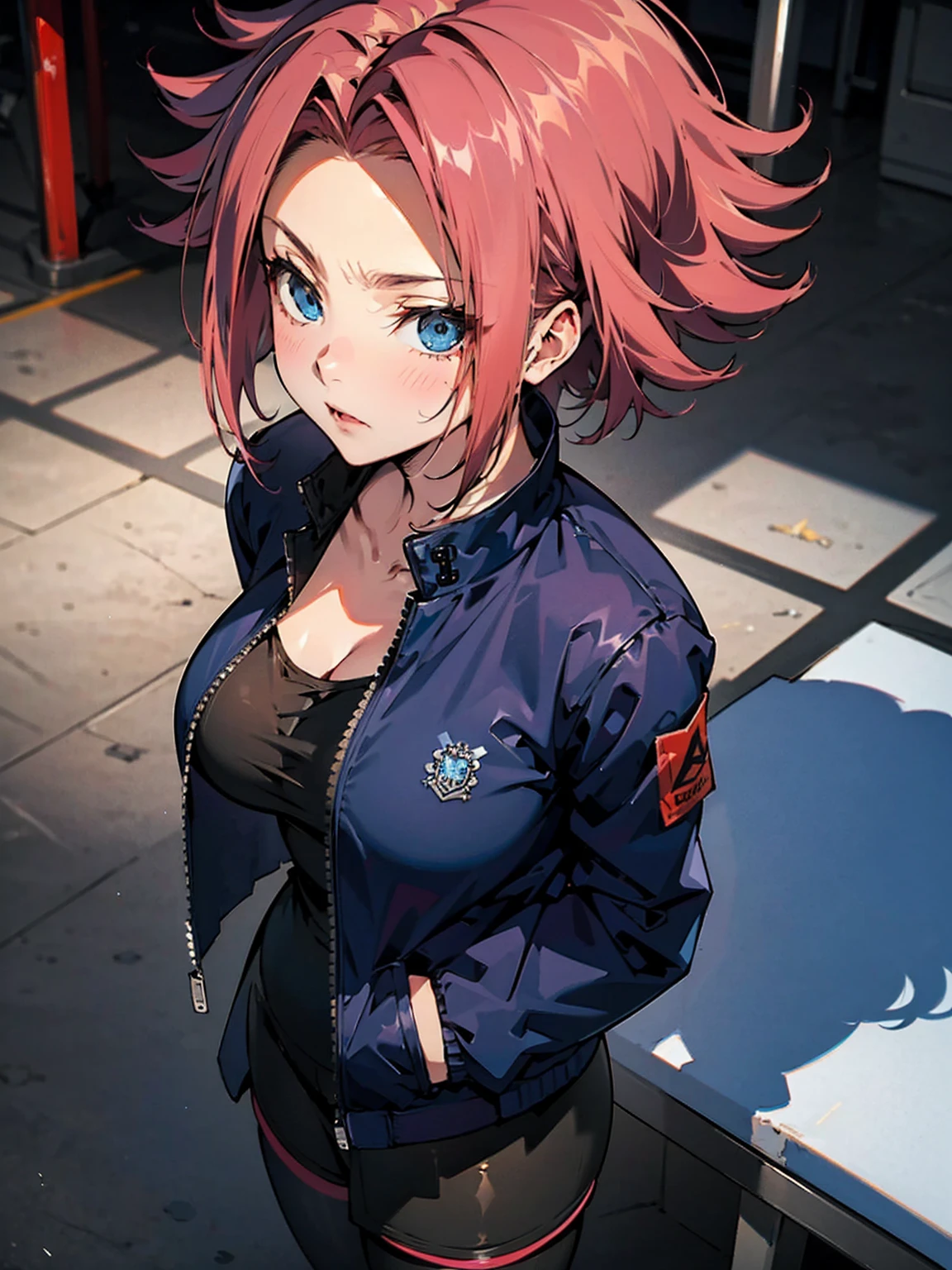  Karen Kouzki、masterpiece, top quality 、 super high image quality、Exquisite depiction、Detailed texture expression、 best quality, masterpiece,  high res, 、 standing, Blue Eyes, black winter jacket 、,Black oversized jacket、 shorts、leggings、Outdoor
