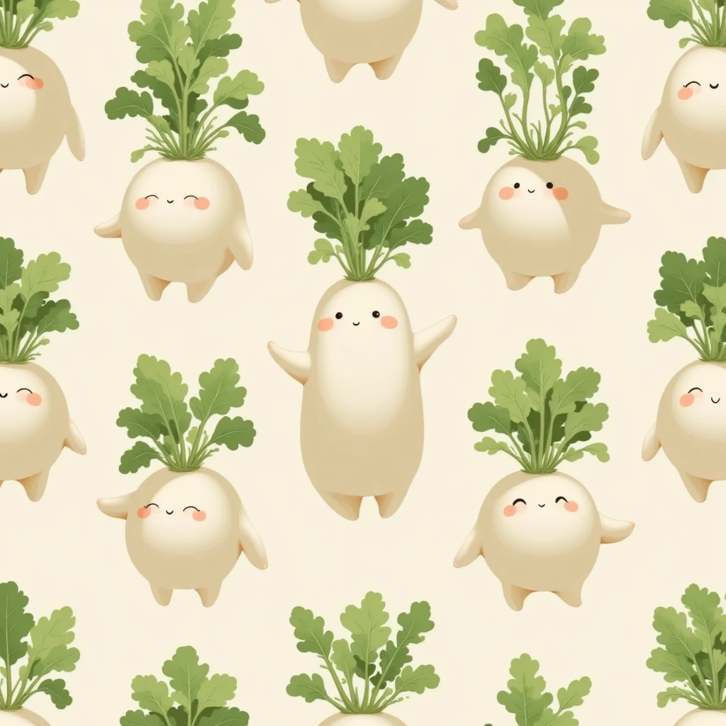 An intricate and highly designed traditional Japanese woodblock styled pattern featuring a cute chubby daikon character with leafy greens, arranged as an ornamental design. The pattern is seamless, featuring the  daikon in various poses, with light pastel colors and a soft, playful atmosphere. Suitable for wallpapers or fabric designs