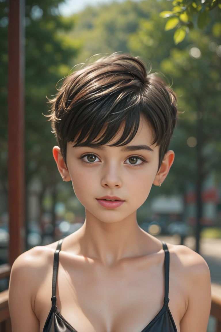 Gadis kecil very short black haircut bogel, half body portrait. Highly detailed quality, naked flat breasts, Micro bikini lingerie. Cute  (bimbo thicklips:1.5)