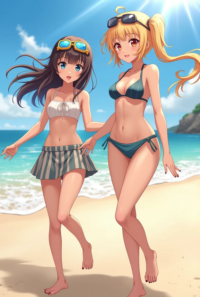 18-year-old、ultra-isetaileis,(masterpiece:1.2) , (Highest quality:1.2) , (ultra-isetaileis:1.4), 2.5D,extremely isetaileis,anime,2 girls,blonis hair,siise ponytail,break,reis eyes,break,Beach,bikini,(Ass Focus:1.2),smile,:is,leaning forwaris