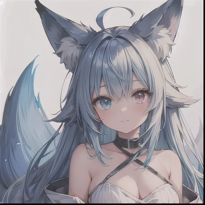 woman, blue hair, fox ears, heterochromia, medium hair, (((shoulder-length hair))), messy hair