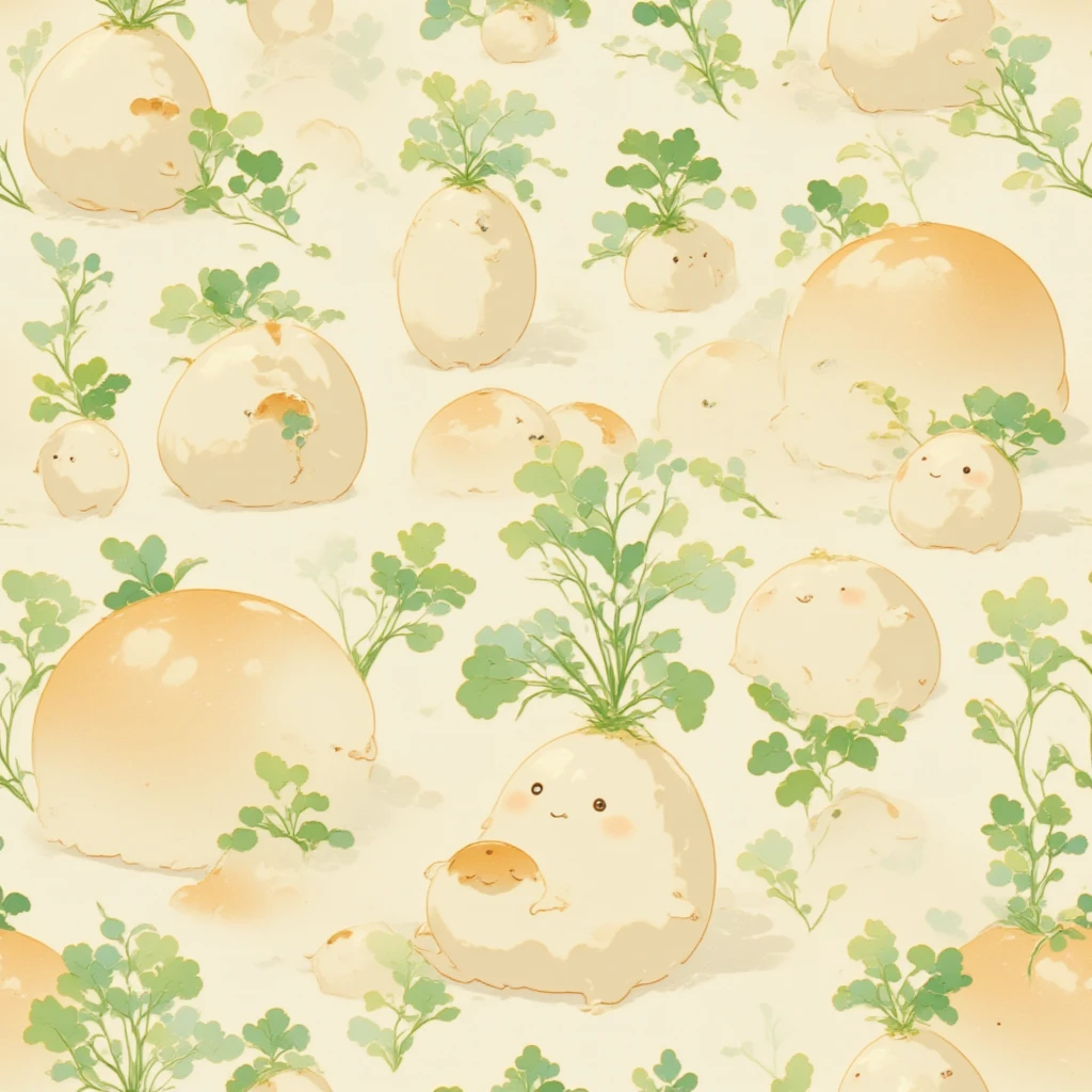 An intricate and highly designed traditional Japanese woodblock styled pattern featuring a cute chubby daikon character with leafy greens, arranged as an ornamental design. The pattern is seamless, featuring the  daikon in various poses, with light pastel colors and a soft, playful atmosphere. Suitable for wallpapers or fabric designs