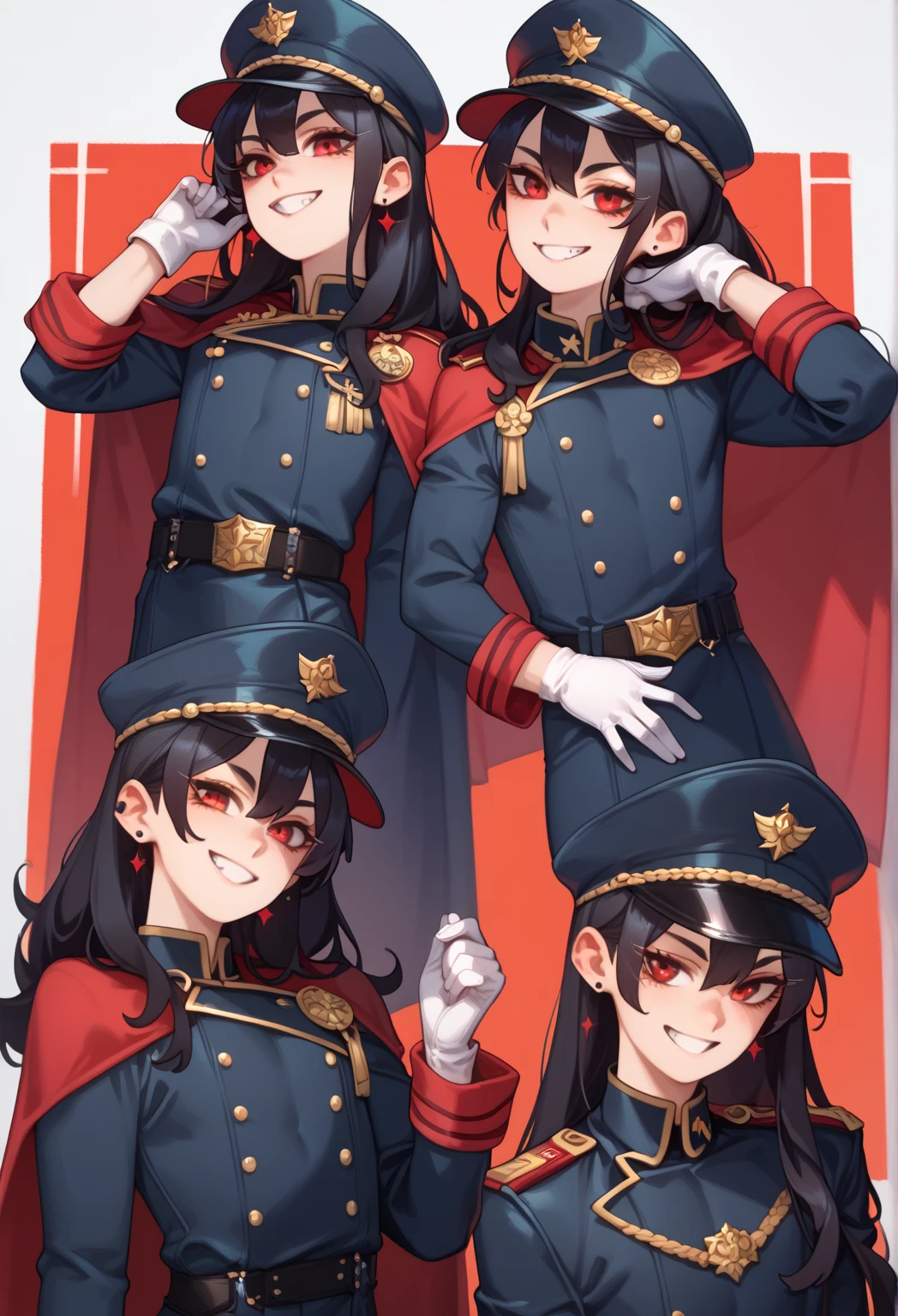 1boy, femboy, androgyn, long hair, black hair, red eyes, peaked cap, military uniform, cape, jewelry, white gloves, relaxing, smile, grin, teeth , androgynous body, tight clothing, black uniform, ((dynamic poses))