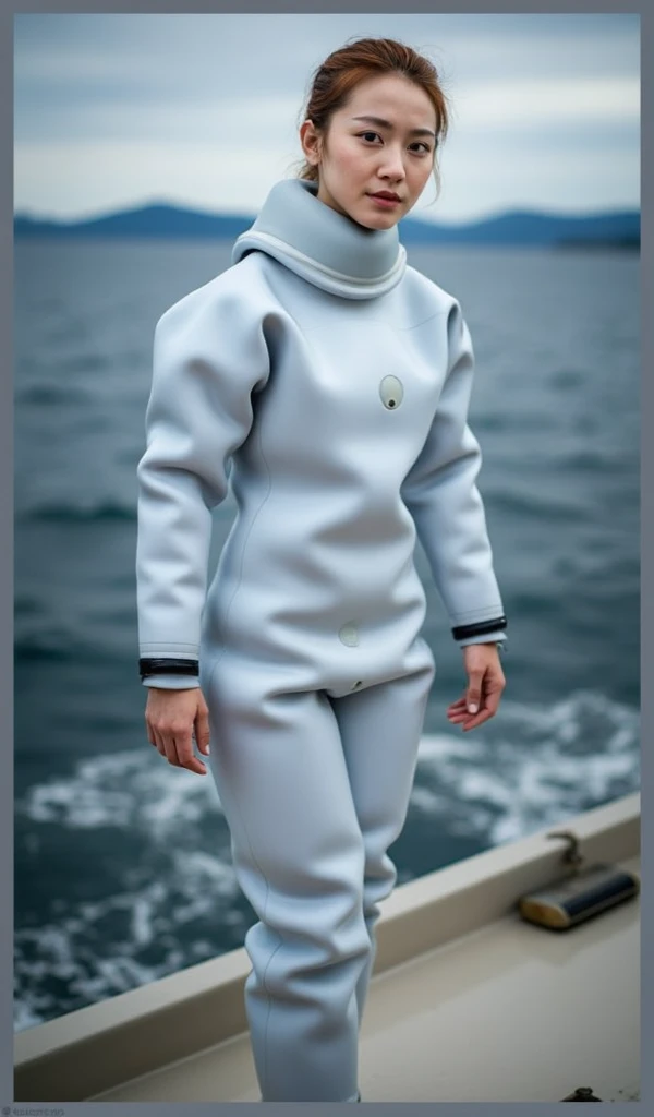 A documentary photo, Photo-realistic, ultra-realistic, (Japanese beautiful young woman, famous Japanese idol, boyish cool face:1.3), wetlook rubberish white clothes,, she is a military diver of Japan navy, experienced military diver, wearing a professional wetsuits for military diver with professional scuba equipment, She is on a shlre, She is preparing to scuba dive for a lifesaving mission, there is a large battle ship behind her,, Natural Makeup, boyish face ,Front View:1.21, Perfect Anatomy:1.21, Small head:1.21, Slender body:1.37, Narrow waist:1.5, Thin limbs:1.5, Flat Chest:1.5, Anatomically correct limbs, Diving Suits drysuits (high smooth turtleneck collar), Fully equipped for diving, Very cute Japanese woman, Brown Hair, Chignon Hair, woman holds oval scuba mask, Calm sea in qinter, Dynamic and emotional movie lighting, 