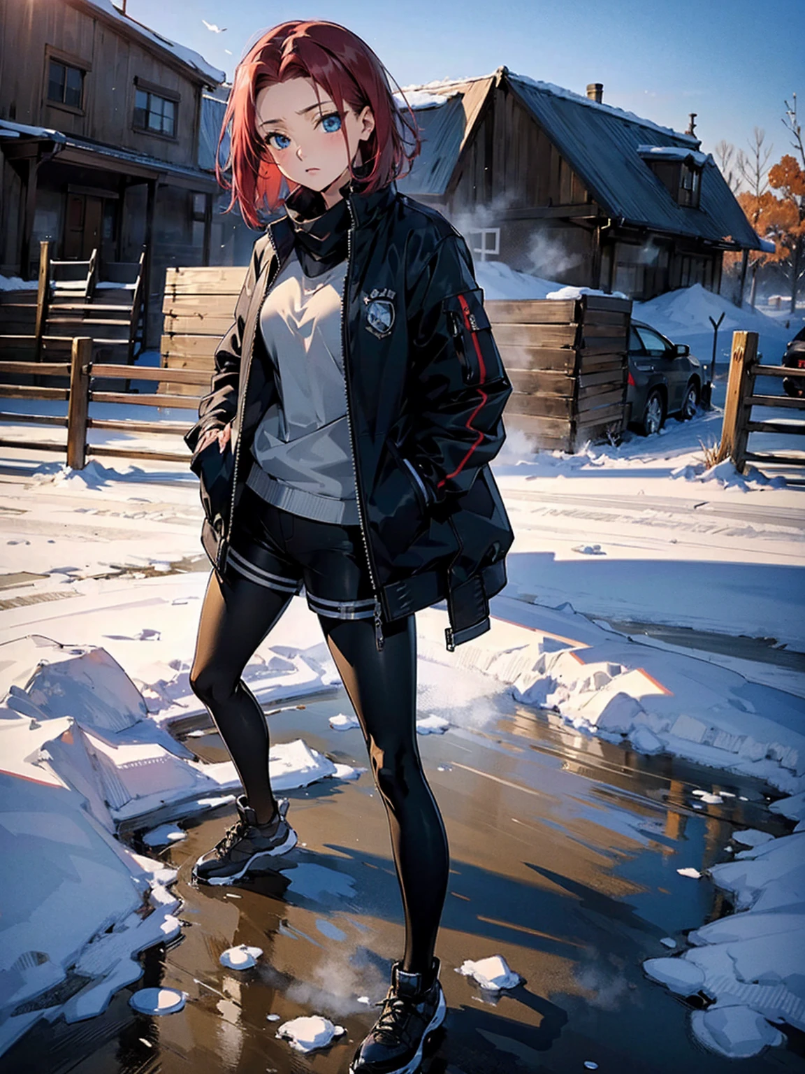  Karen Kouzki、masterpiece, top quality 、 super high image quality、Exquisite depiction、Detailed texture expression、 best quality, masterpiece,  high res, 、 standing, Blue Eyes, black winter jacket 、,Black oversized jacket、 shorts、leggings、Outdoor、 shell jacket standing in the fall city
