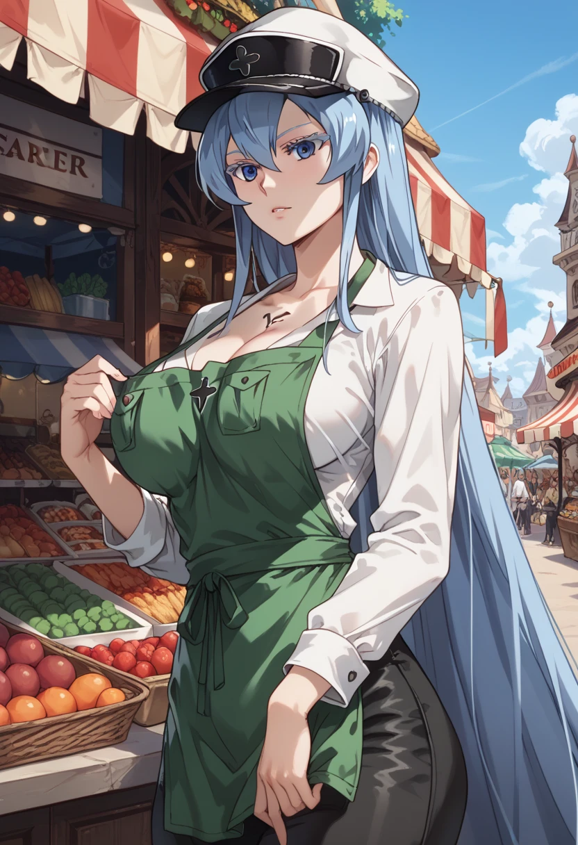 esdeath, blue eyes, blue hair, long hair, BIG BREASTS, eyelashes, red face, hat, (white shirt:1.2), (green apron:1.2), (black pants:1.2), market scenery, CLEAVAGE,