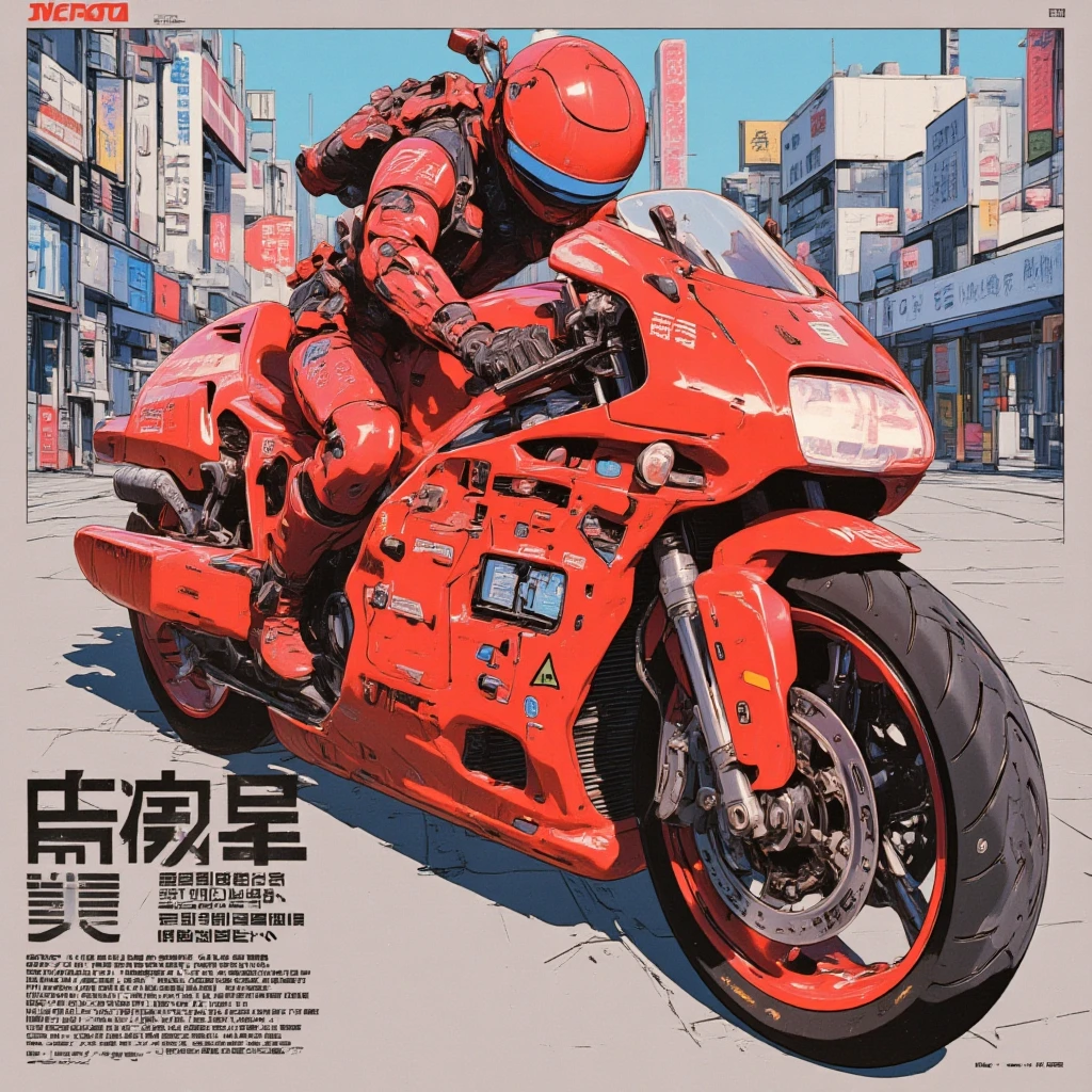 Kaneda's red bike in "AKIRA", stylish and futuristic design, Futuristic and avant-garde style, extremely long wheelbase and low body height, Quasar-like feet-forward design where you put your feet forward to ride like a four-wheeled formula car instead of straddling it, front hub-center steering structure, digital meter with on-board computer, made by Katsuhiro Otomo. Set in Japan after World War III, SF manga depicting a collapsed world, anime