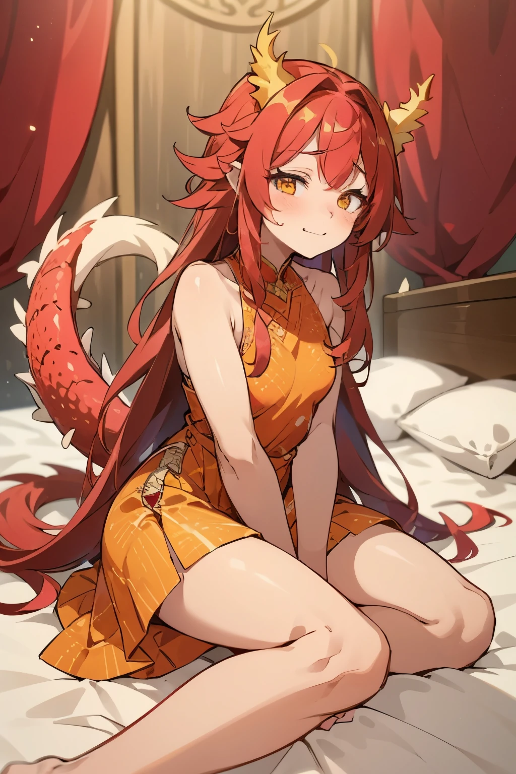 Half-dragon girl ,  red scales scattered around her body in small quantities,  long hair and messy red ,  amber-yellow-eyed ,  Sitting on a bed , wearing a long dress and pink , very cute, Rosy cheeks,  embarrassed expression , It has a red tail, The tail is scaly, She has a dragon's tail  