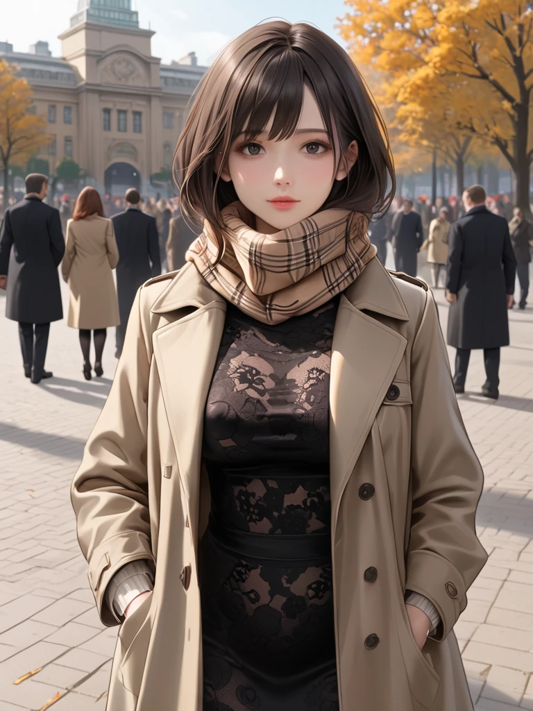 woman wearing Trench Coat and Scarf and sexy dress