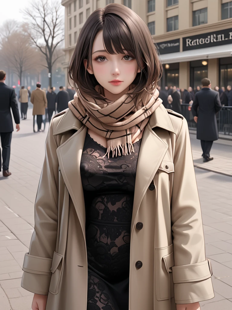 woman wearing Trench Coat and Scarf and sexy dress