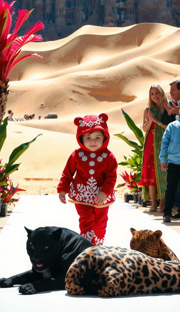 A two-year-old girl model, a cheerful funny little fat girl, dressed in an intricate snowflake costume, walks uncertainly down the catwalk. The catwalk is set against a backdrop of majestic sand dunes and lush brightly colored exotic plants. Bright sunlight casts a warm glare, emphasizing the intricate details of her outfit and the rapturous looks of adults who cheerfully applaud. and animals - a black panther and a leopard.
They lie majestically near the podium . Bright sunshine, clear lines, realistic picture