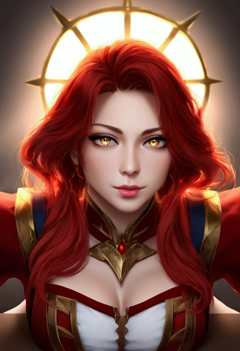 ((best quality, 4k, masterpiece, artwork)), Woman, red hair, horny face,  long red hair, anime, huge breasts,  red eyes , Alone,  hair over an eye, red cape, black latex Bodysuit, fringe, Bodysuit preto, horny pose, sitting a throne, her hand grabbing her breast 