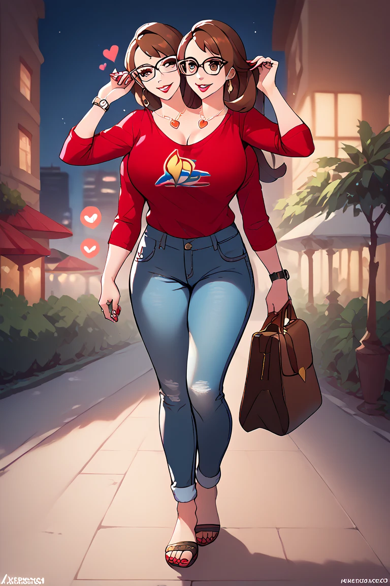 high resolution, highly detailed, perfect lighting, beautiful detailed eyes, ((masterpiece,best quality)), absurdres,      smile,  solo,  gloria (pokemon),  two heads, long hair, brown eyes, glasses, milf, red t-shirt, jewelry, heart shaped necklace, blue jeans, big breasts, earrings, wedding ring, walking in city, daytime, waking up, fancy wristwatch, silver eyeliner, red lips, red fingernails, 4 arms, playing with hair, three breasted, cleavage, feet, red toenails, sandals, bag over shoulder, sexy walk, heart design on shirt