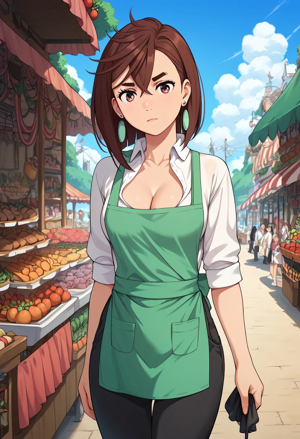 momo ayase, short hair, brown hair, brown eyes, bangs, thick eyebrows, medium breasts, earrings, (white shirt:1.2), (green apron:1.2), (black pants:1.2), market scenery, CLEAVAGE,