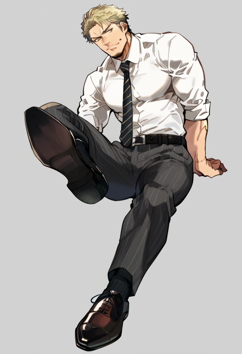 male focus, muscled male, solo, ikemen, mature, male only, swedish, blond, tough man, bold, eyes fix, flat chest, sturdy waist, 50 years old, office worker, collared shirt, tie, three piece suit, belt, slacks, tight clothes, whole body, sitting, invisible chair,  looking at viewer, (white background, simple background:1.5), masterpiece, best quality, mta, foor worship, showing his socked foot:2, long tube calf black fancy socks, dominating male pose:2, muscle, lick his shoe sole, demon guy:2, long shot, showing stretching his legs to your face , sniff his shoes pose